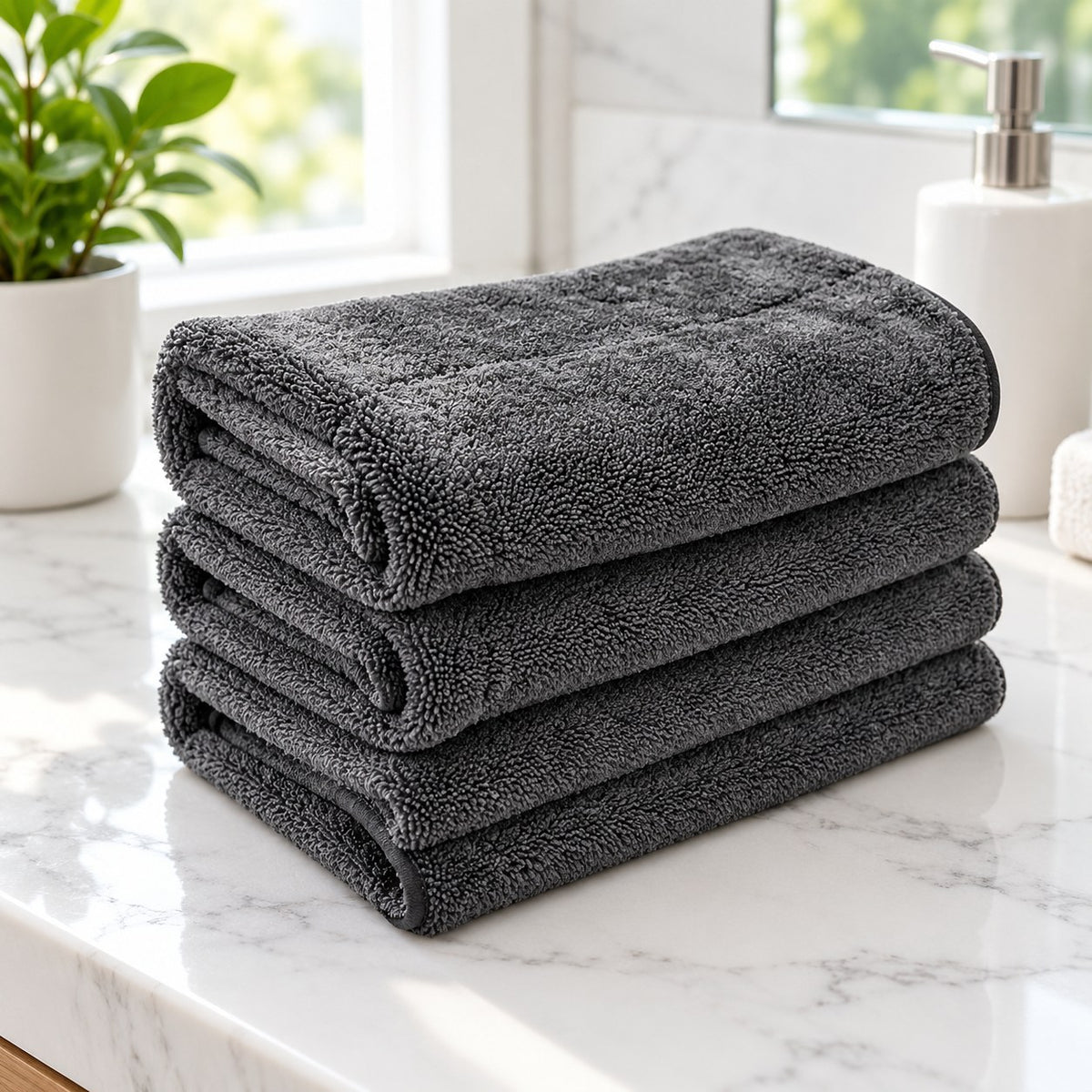 QuokkaCloth XXL microfibre cloths stacked on a marble bathroom vanity