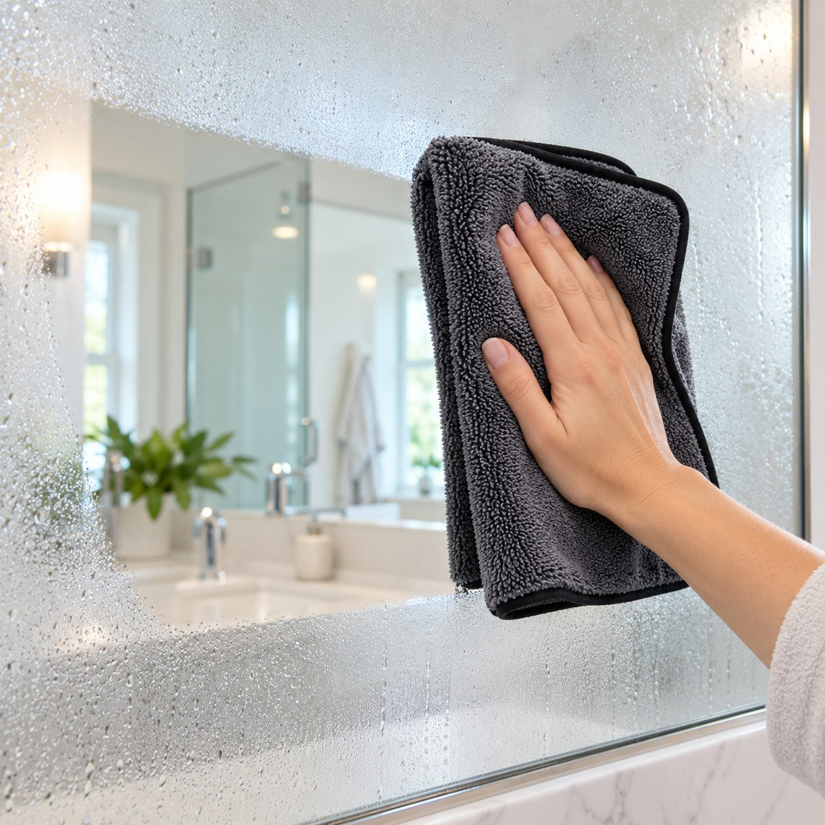 Hand wiping a fogged bathroom mirror clear with a grey microfibre cloth